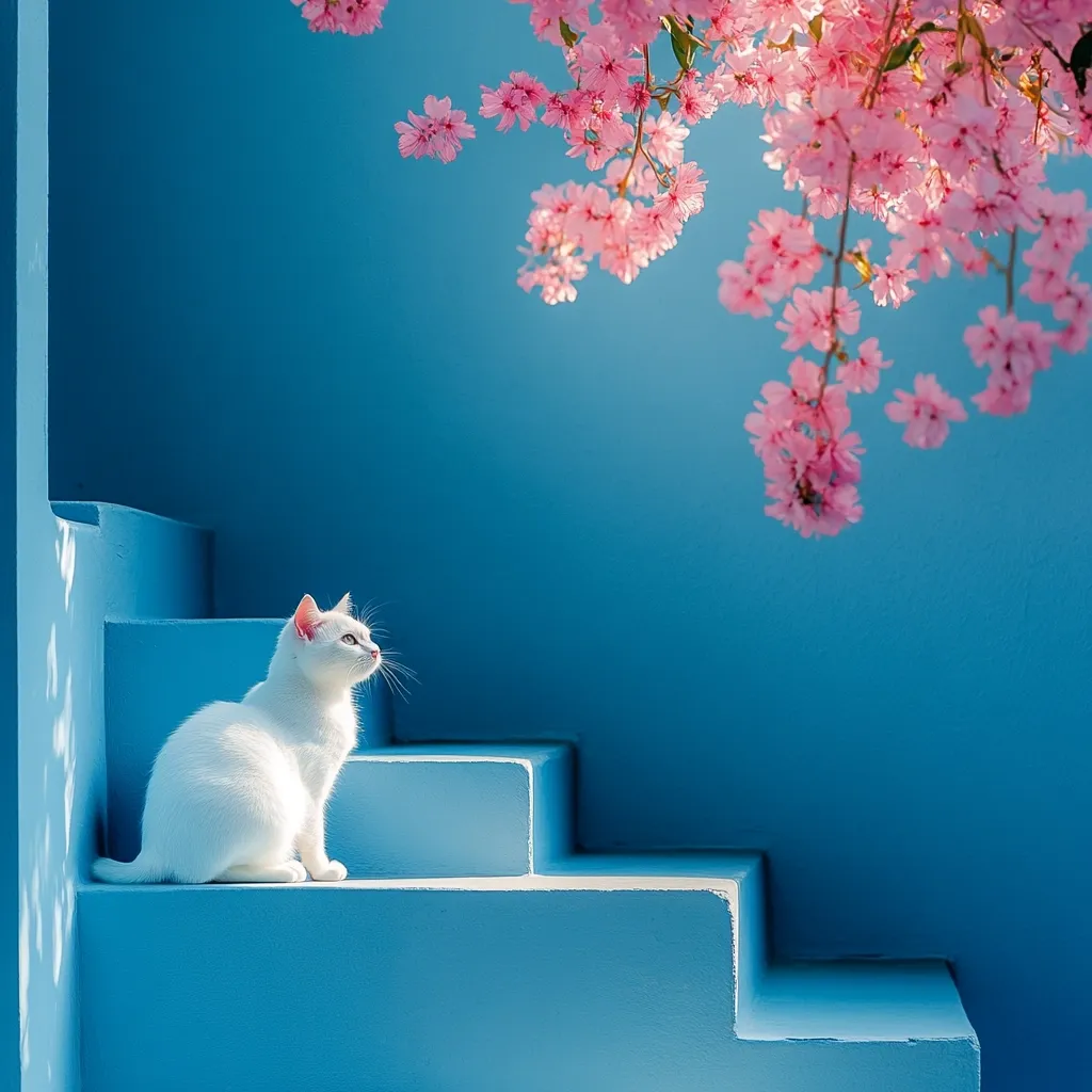 A pristine white cat sits on bright blue steps, gazing towards a vibrant pink cherry blossom branch overhead.  The sunlit scene is peaceful and serene, creating a striking contrast between the cat's fur, the blue wall, and the delicate blossoms. The image evokes a sense of calm and spring's arrival.