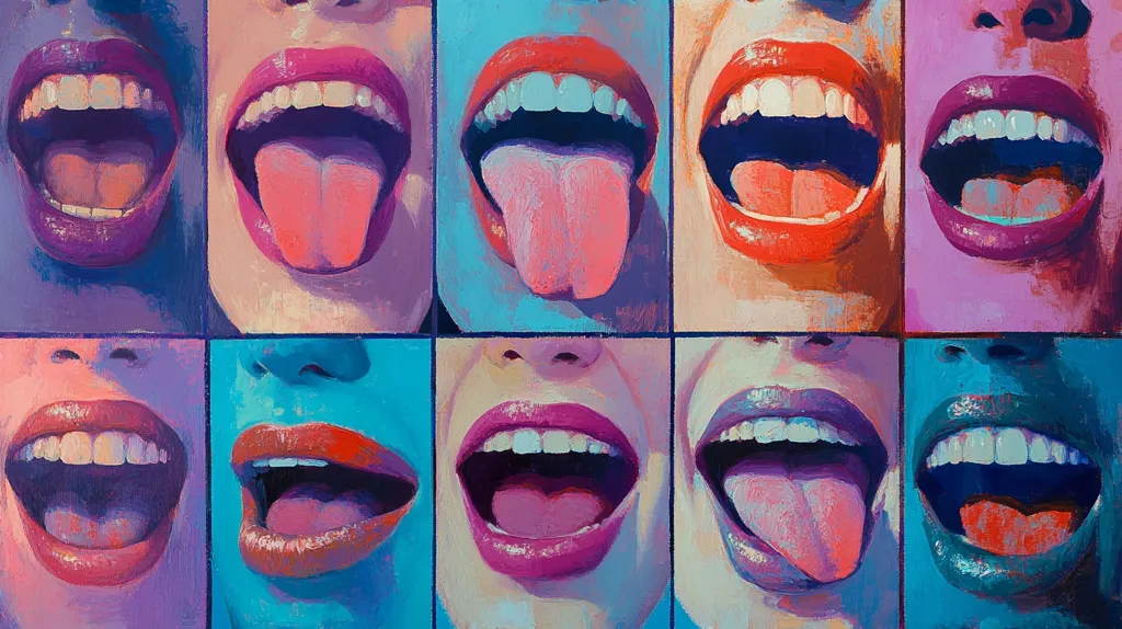A vibrant, pop-art style artwork showcases a grid of twelve close-up portraits of women's mouths.  Each mouth displays a different expression, some open in a shout, others with tongues extended, and all featuring boldly colored lips and teeth.  The palette is saturated with contrasting blues, pinks, purples, and reds, creating a striking visual effect.  The style is bold and graphic, emphasizing the forms and colors of the mouths.