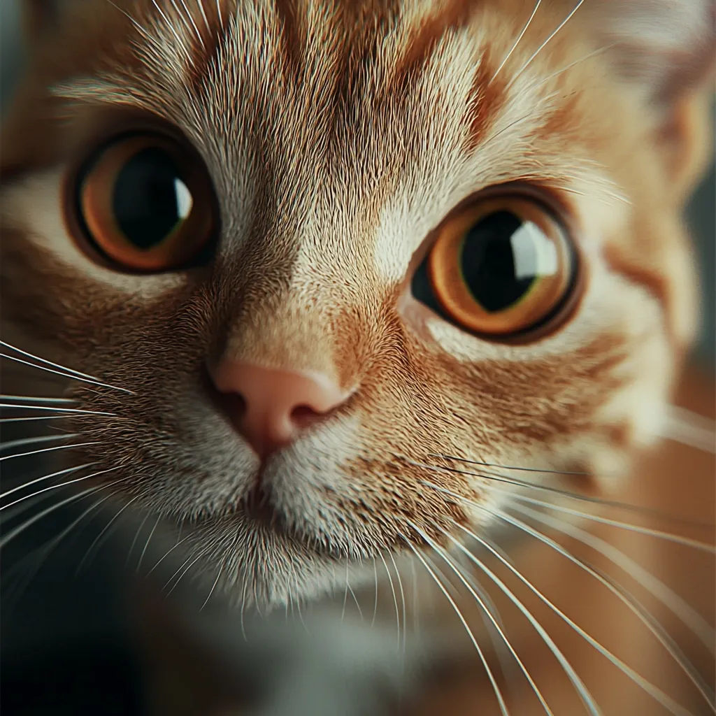 A close-up shot reveals the face of a ginger cat.  Its large, round orange eyes are captivating, and its whiskers extend outward. The soft, light orange fur is visible, showcasing the cat's delicate features. The pink nose and subtle white markings around its mouth add to its charm.  The focus is sharply on the cat's face, creating an intimate and endearing image.