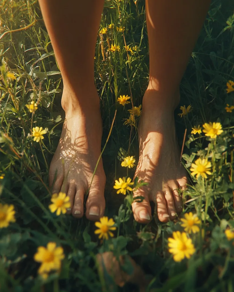 Bare feet stand in a field of vibrant yellow wildflowers.  Sunlight dapples the skin, casting shadows on the grass.  The scene evokes a sense of peace and connection with nature.  The focus is on the contrast between the smooth skin and the textured, green foliage.  Delicate yellow blossoms surround the feet, creating a calming, natural image.