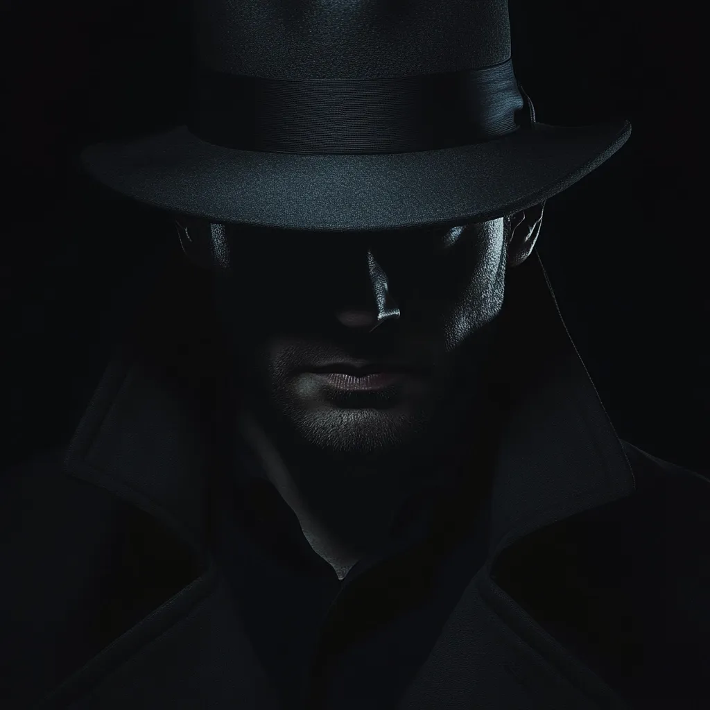 A shadowy figure, cloaked in darkness, is captured in a close-up shot.  A dark fedora obscures his eyes, casting his face in deep shadow, leaving only the lower portion of his face visible. The man's serious expression and the overall dark ambiance create a mysterious and enigmatic mood, suggestive of a detective or a secretive character. His dark coat adds to the sense of mystery.