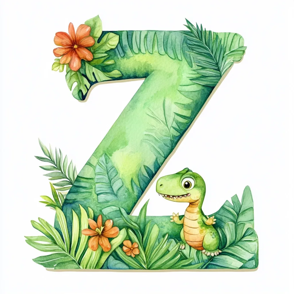 A watercolor illustration of the letter Z, styled with lush green tropical foliage and vibrant orange flowers.  A charming cartoon T-Rex dinosaur is nestled amongst the leaves at the base of the letter. The overall style is whimsical and childlike, perfect for children's alphabet learning materials or decorations.