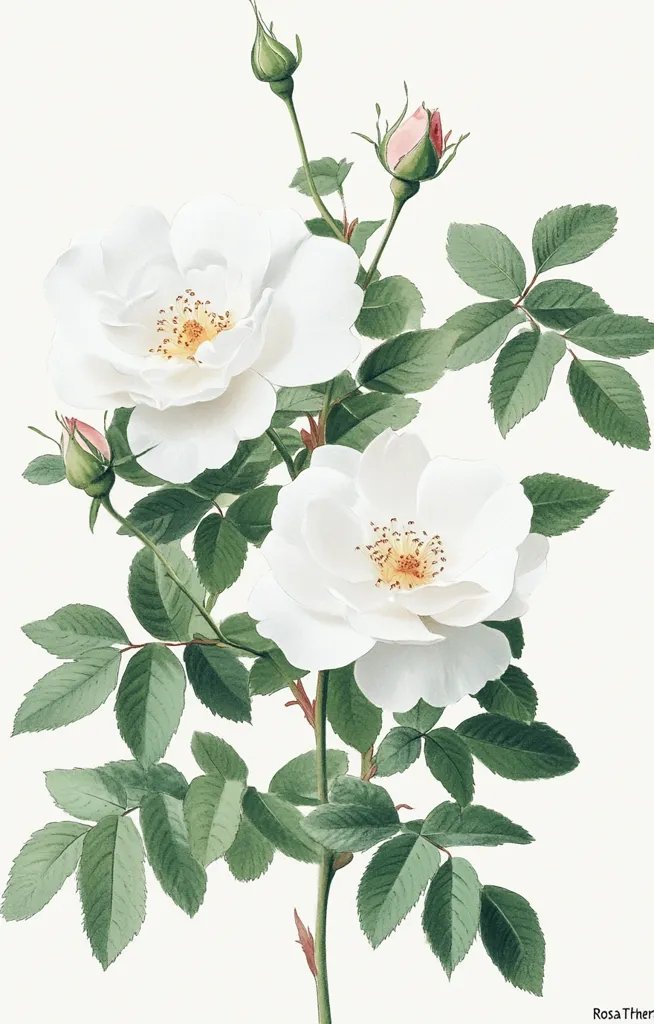 A botanical illustration showcases a delicate sprig of Rosa Thürer roses.  Two fully bloomed, pristine white roses are prominently displayed, their centers a soft yellow.  Smaller, unopened buds and lush green leaves complete the composition, suggesting the vibrancy of a rose bush in full bloom. The image is rendered in a classic, detailed style, emphasizing the roses' texture and subtle color variations.