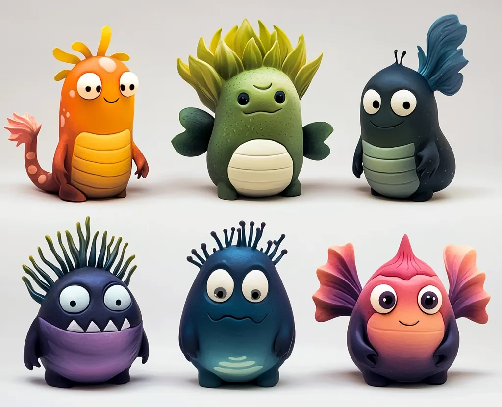 Six whimsical, hand-painted creatures, possibly figurines or toys, are displayed. Each possesses unique characteristics: spiky hair, fins, and varied body shapes and colors.  Their expressive eyes and friendly faces evoke a sense of playfulness and charm.  The creatures are meticulously crafted with a smooth, polished finish, highlighting their individual textures and details. They appear to be made from a clay-like material.