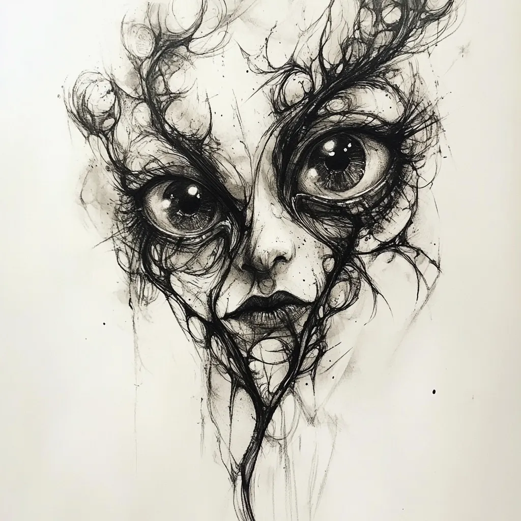 A monochromatic ink drawing depicts a stylized face, possibly an alien or otherworldly being.  Large, expressive eyes dominate the features, framed by intricate, dark, vine-like lines that sprawl across the face and blend into the background.  The style is expressive and slightly unsettling, with a focus on texture and line work to create depth and emotion.  The overall effect is dreamlike and mysterious.