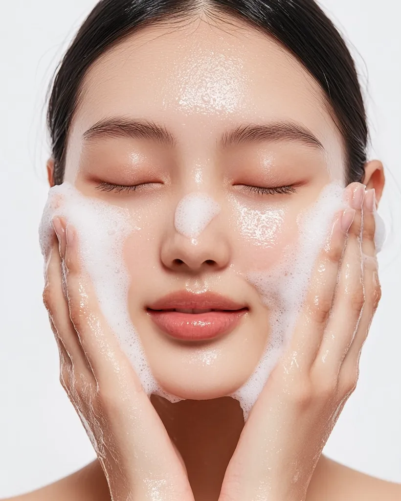 A young woman with dark hair gently cleanses her face with a rich, white foam cleanser.  Her eyes are closed in peaceful concentration as she massages the lather into her skin.  The close-up shot highlights the creamy texture of the cleanser and the woman's clear, smooth complexion.  The overall image conveys a sense of calm and skincare routine.