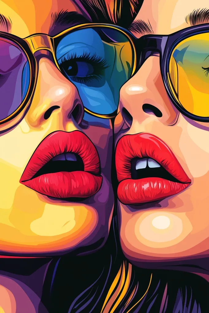 A vibrant, pop art-style illustration features two women in close proximity.  Their faces are rendered in bold colors, with bright red lips and sunglasses reflecting contrasting hues of blue and yellow.  The style is bold and graphic, emphasizing strong lines and saturated tones.  The women's expressions suggest intimacy and connection.