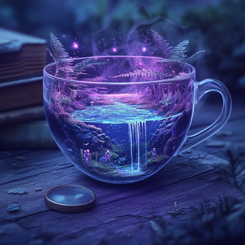 A glass teacup holds a miniature, enchanting world.  A vibrant blue stream cascades into a pool surrounded by lush, glowing vegetation.  Tiny figures explore this mystical landscape nestled within the cup, which sits on a dark wooden surface near a stack of books and a magnifying glass.  Purple and blue hues dominate the scene, creating a dreamlike, ethereal atmosphere.  Fairy lights twinkle, adding to the magical quality.