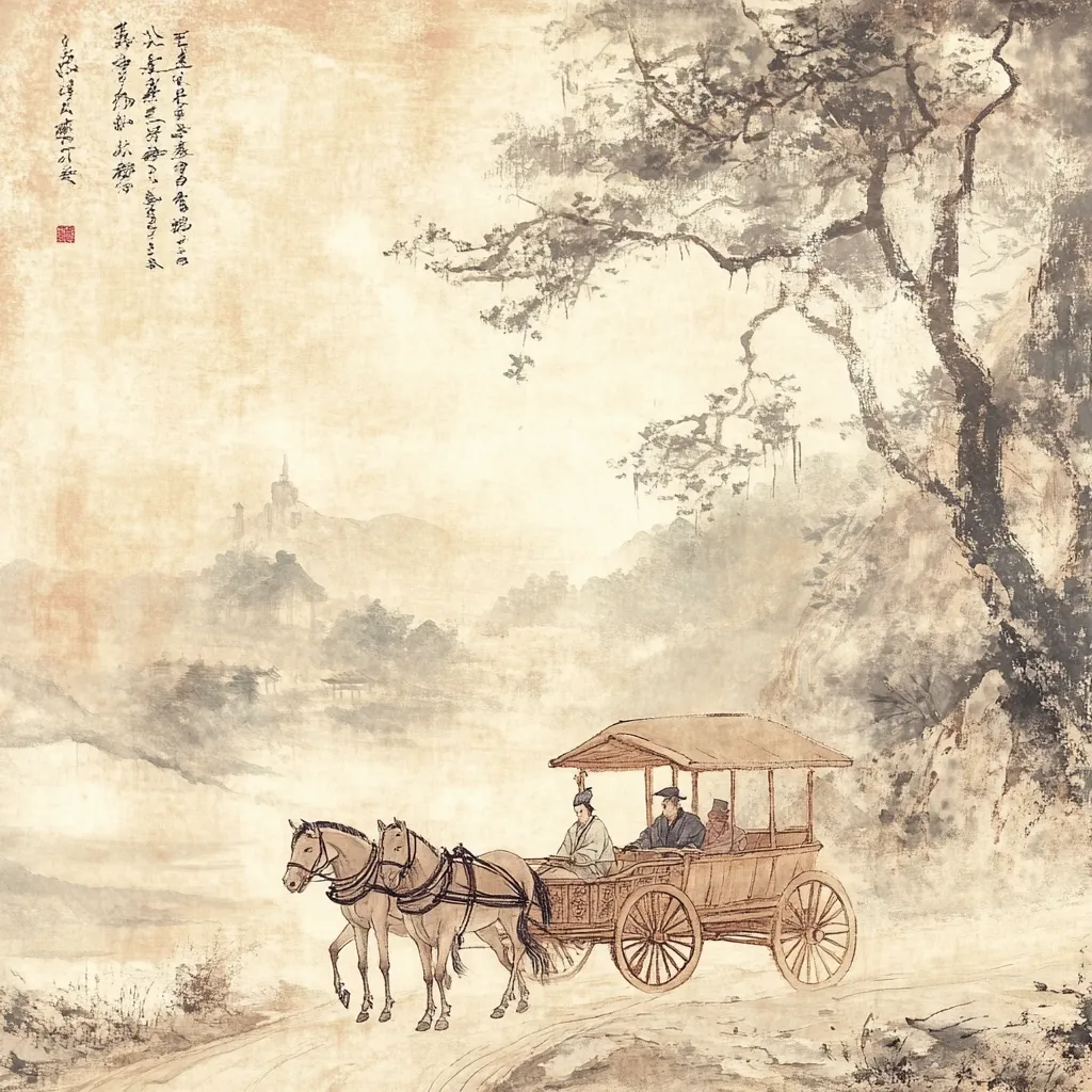 A tranquil landscape painting in traditional East Asian style depicts a horse-drawn carriage traveling along a path.  Three passengers sit inside the covered carriage, while two horses pull it forward.  A large tree dominates the right side, and misty mountains and buildings are visible in the background. The overall tone is serene and peaceful, conveying a sense of calm journey through a picturesque setting.  The aged, textured paper adds to the painting's antique feel.