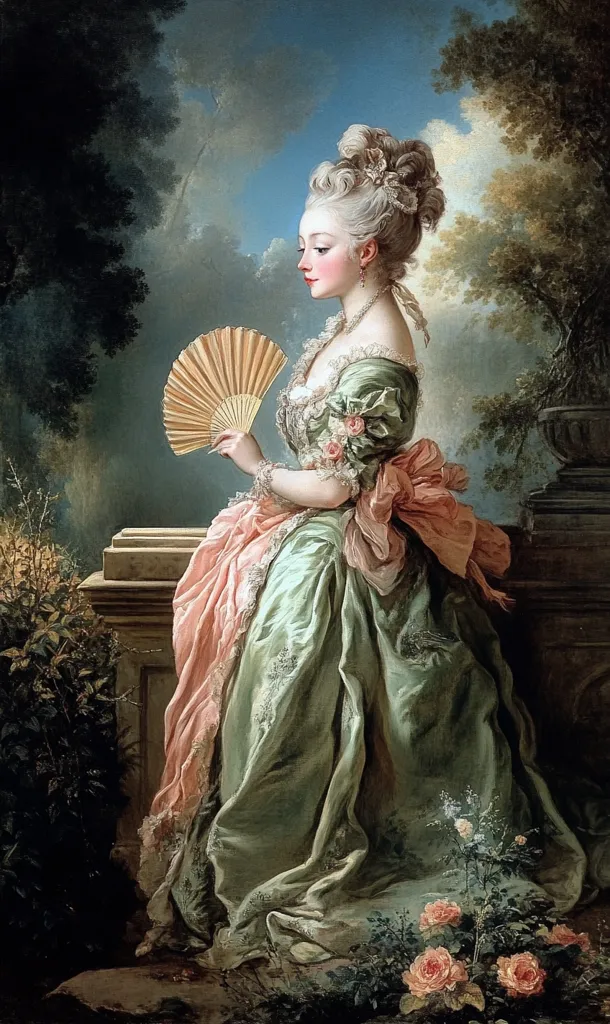 A young woman, elegantly dressed in a pale green gown with pink accents, holds a delicate, open fan.  Her powdered hair is styled in the height of fashion.  She sits gracefully amidst a lush garden setting, with roses blooming at her feet, exuding an air of refined beauty and serenity. The painting captures the elegance of the Rococo period.