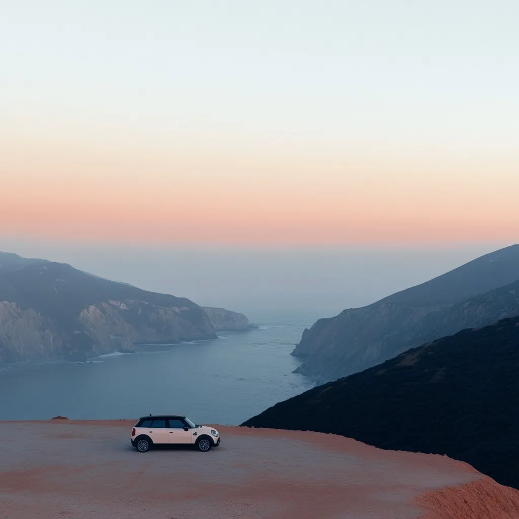 A white Mini Cooper Countryman is parked on a cliff overlooking a serene coastal scene.  The sun sets, casting a soft pink and orange glow across the sky.  Dark mountains rise on either side of a calm bay, creating a dramatic and peaceful landscape. The car provides a sense of scale to the vastness of the natural vista.