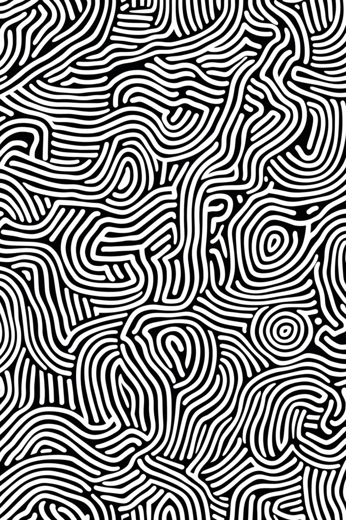 The image showcases an abstract, monochrome pattern.  Thick, intertwining white lines create a labyrinthine design on a black background.  The lines curve and loop, forming organic shapes and creating a visually complex and mesmerizing texture.  The pattern is continuous and could be used as a textile print or background.