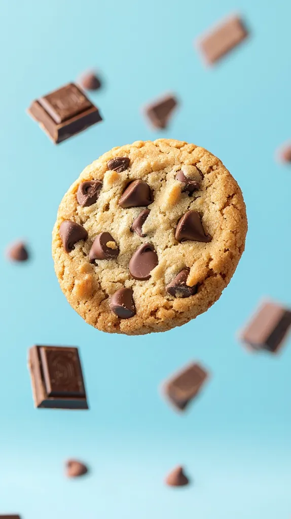 A delicious chocolate chip cookie floats against a light blue background, surrounded by falling chocolate pieces.  The cookie is golden brown, studded with dark chocolate chips, and appears warm and freshly baked. The overall image is playful and evokes a sense of sweetness and indulgence.