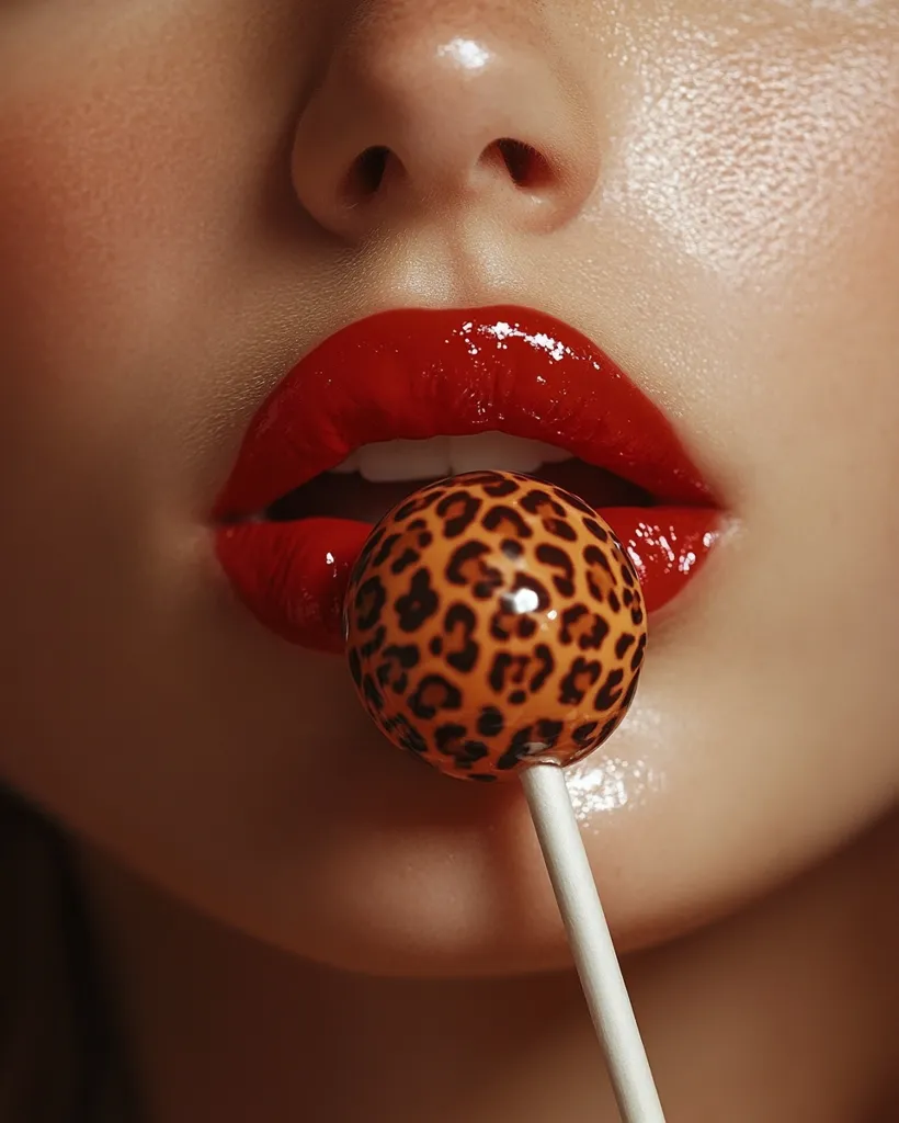 Close-up of a woman's face, focusing on her full, glossy red lips.  A lollipop with a leopard print design is held between her lips. The skin is smooth and dewy, and the overall image is sensual and glamorous. The contrast between the bright red lips and the orange-brown leopard print creates a striking visual.