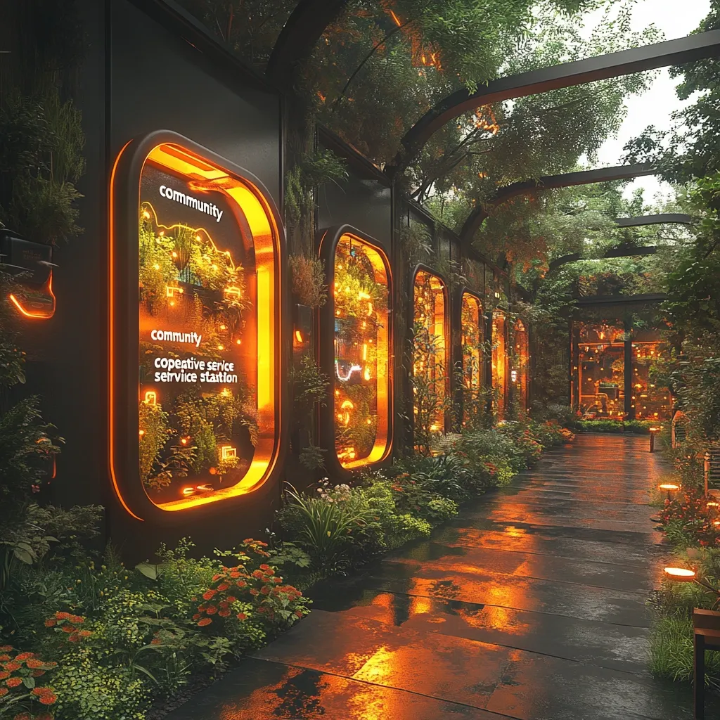 A futuristic, bioluminescent community service station is nestled within a lush, overgrown walkway.  Orange neon lights illuminate the dark, metallic structure, showcasing interior displays and vibrant greenery.  The path, wet from rain, reflects the warm glow, creating a tranquil yet technologically advanced atmosphere.  Plants spill out from the building's sides, blurring the line between nature and architecture.