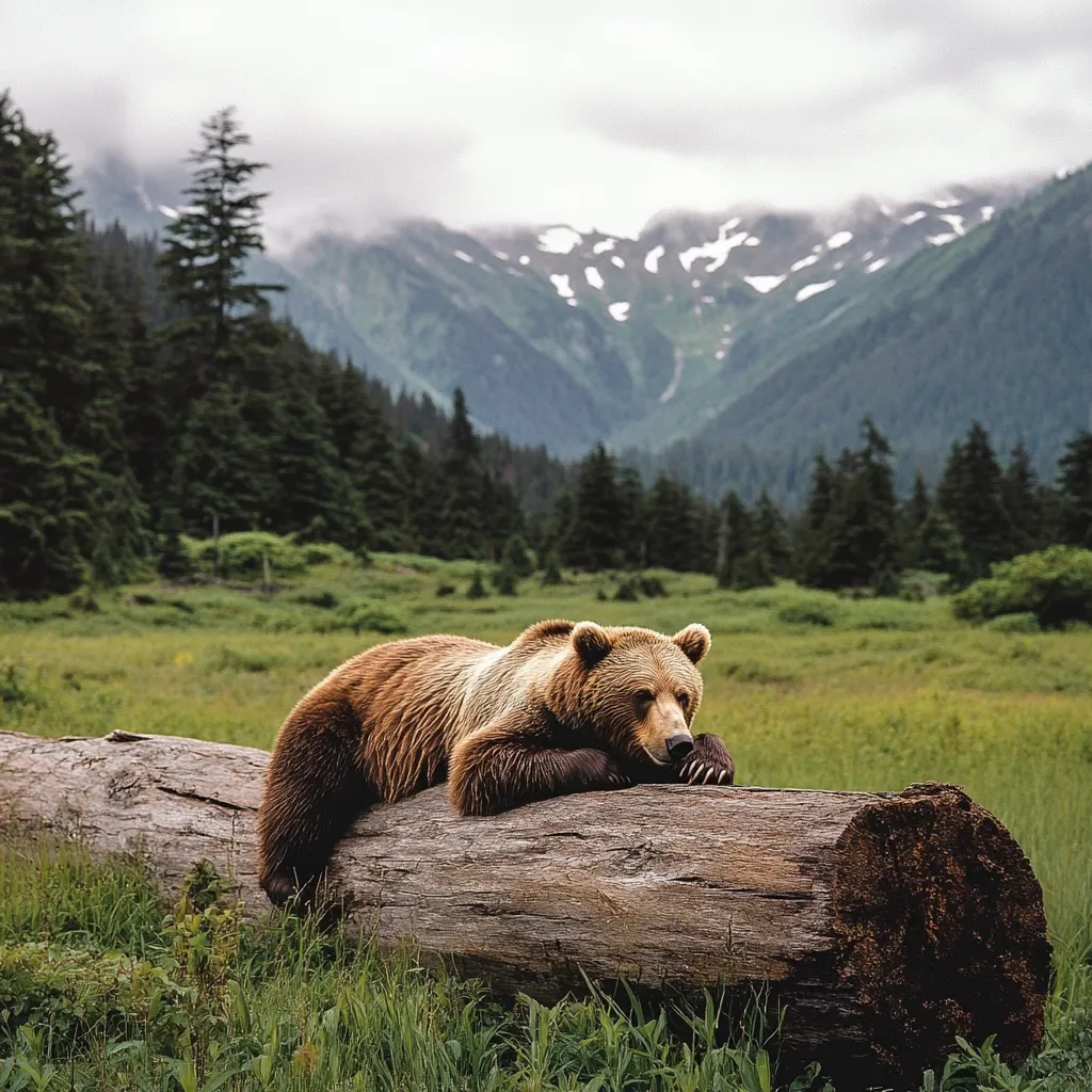 A large brown bear rests its head and paws on a fallen log in a lush green meadow.  Towering evergreen trees and snow-capped mountains form a dramatic backdrop under a cloudy sky. The bear appears relaxed and peaceful in its serene mountain environment.