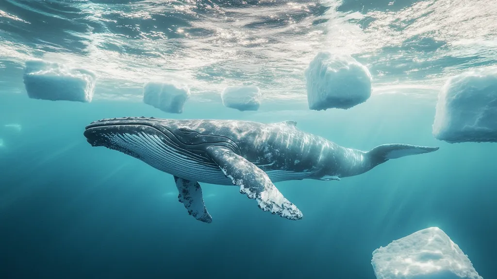 A humpback whale gracefully glides through crystal-clear turquoise water, surrounded by several large, floating icebergs.  Sunlight filters down, illuminating the whale's immense form and the serene underwater landscape.  The scene evokes a sense of tranquility and the beauty of the Arctic or Antarctic ocean.