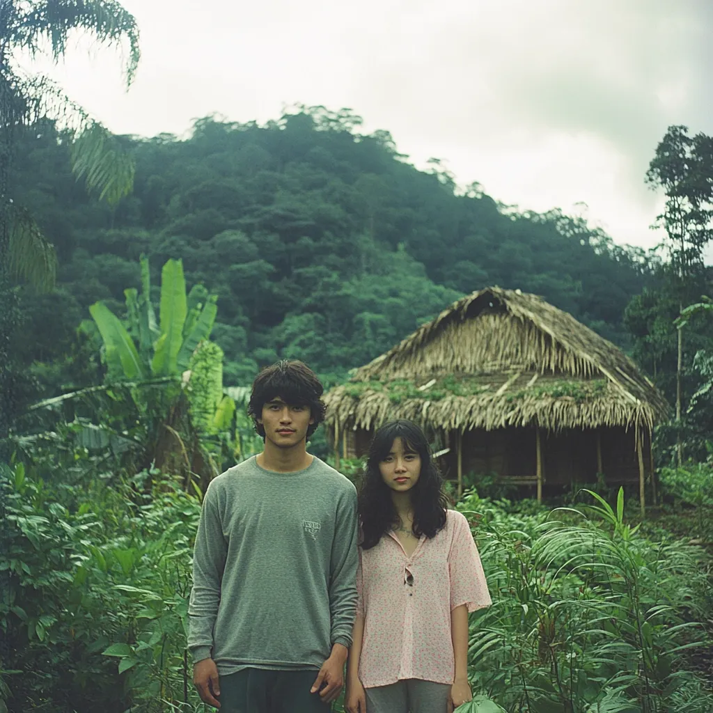 A young man and woman stand before a thatched hut nestled in a lush, green jungle landscape.  The man wears a grey long-sleeved shirt, while the woman is in a pale pink blouse.  Lush tropical vegetation surrounds them, with a backdrop of rolling green hills.  The atmosphere is serene and somewhat mysterious, suggesting a remote and idyllic location.