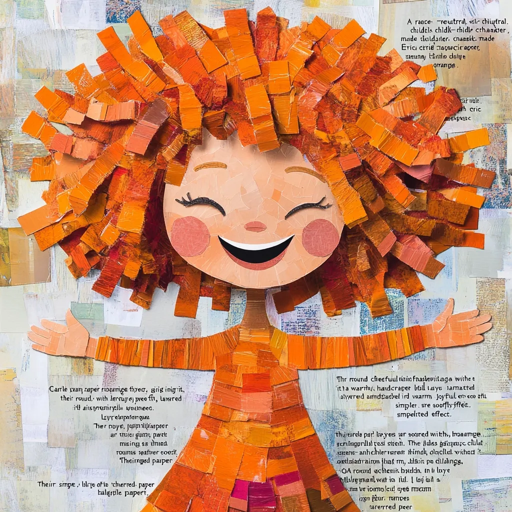 A joyful girl is depicted in a collage style, her bright orange hair and dress made of layered paper scraps.  Her wide smile and outstretched arms convey happiness. The artwork uses warm, vibrant hues and textured paper to create a cheerful, handmade aesthetic.  The surrounding text, in multiple languages, appears to describe the artistic process and materials used.