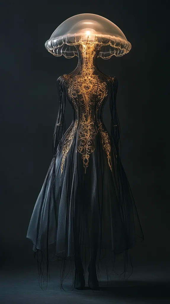 An ethereal figure, seemingly crafted from dark fabric and glowing golden filigree, wears a flowing gown.  Atop its head sits a translucent jellyfish-like dome, emitting a soft light. The contrast between the dark dress and the luminous golden details creates a dramatic and otherworldly effect.  The long, trailing strands add to the mysterious and elegant ambiance.