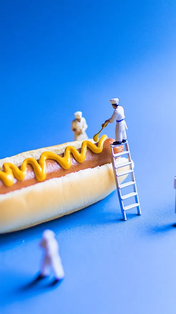Miniature chefs meticulously decorate a giant hot dog with a squiggle of yellow mustard.  One chef uses a small spoon from a stepladder, while another chef observes.  The scene is set against a vibrant blue backdrop, creating a playful, whimsical contrast between scale and subject.  A third miniature chef is visible in the lower right corner.