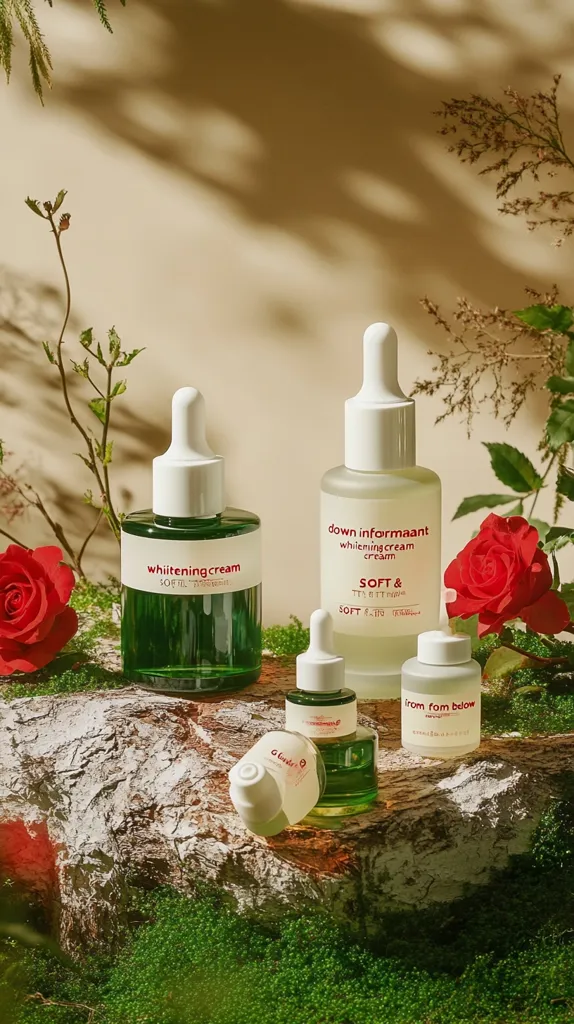 Four skincare bottles are artfully arranged on a mossy log, nestled amongst red roses and greenery.  The bottles, in varying shades of green and white, feature minimalist labeling with red accents.  The scene is bathed in soft, natural light, creating a serene and sophisticated aesthetic.  The overall impression is one of natural beauty and high-end skincare.