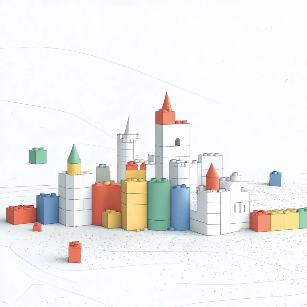 A miniature city constructed from colorful building blocks sits on a white surface.  The cityscape features various sized towers and castles in shades of red, orange, yellow, green, and blue, all built from white blocks with colored tops. Smaller blocks are scattered around, suggesting a playful and creative construction.  The background hints at a blueprint or sketch, emphasizing the design process.