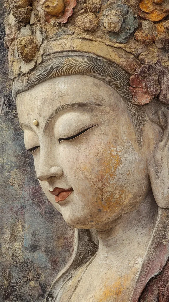 A close-up shot reveals a weathered stone sculpture of a serene Buddha, adorned with a headdress intricately carved with floral motifs.  The Buddha's eyes are gently closed, and a subtle smile plays on her lips, conveying a sense of peace and tranquility.  The stone's texture is rough and aged, adding to the statue's timeless beauty and spiritual aura.  The background is a blurred wash of muted colors.