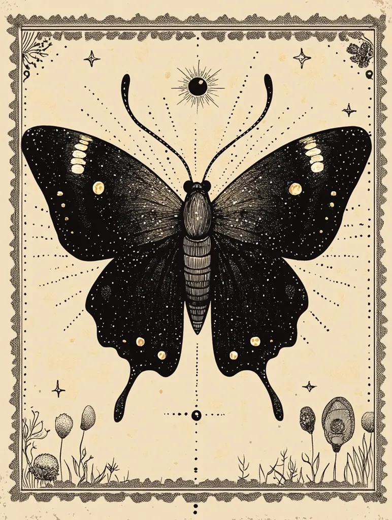 A detailed illustration of a large, dark butterfly with gold accents is presented within an ornate frame.  The butterfly's wings are intricately detailed, resembling a night sky.  Small celestial bodies and radiating lines emanate from the butterfly and a central sun-like symbol above it.  Delicate floral elements are placed at the bottom, creating a mystical and vintage aesthetic.  The overall style is reminiscent of occult or bohemian art.