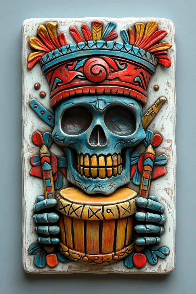 A vibrant, hand-painted relief sculpture depicts a stylized skull wearing a headdress adorned with feathers.  The skull, predominantly teal, has gold teeth and holds a small drum with both hands.  Surrounding the central figure are colorful, intricately carved details, suggesting a Mesoamerican or Aztec influence. The background is a distressed white, contrasting with the rich hues of the skull and accessories.  The piece is rectangular and framed, suitable for wall display.