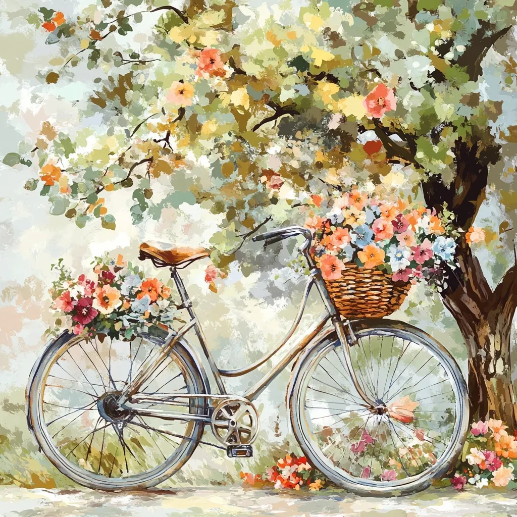 A vintage bicycle, adorned with baskets overflowing with vibrant flowers, rests under a blossoming tree.  The painting's style is impressionistic, with soft pastel colors and a focus on the interplay of light and shadow on the bicycle and flowers.  The overall mood is serene and idyllic, evoking a sense of springtime tranquility.