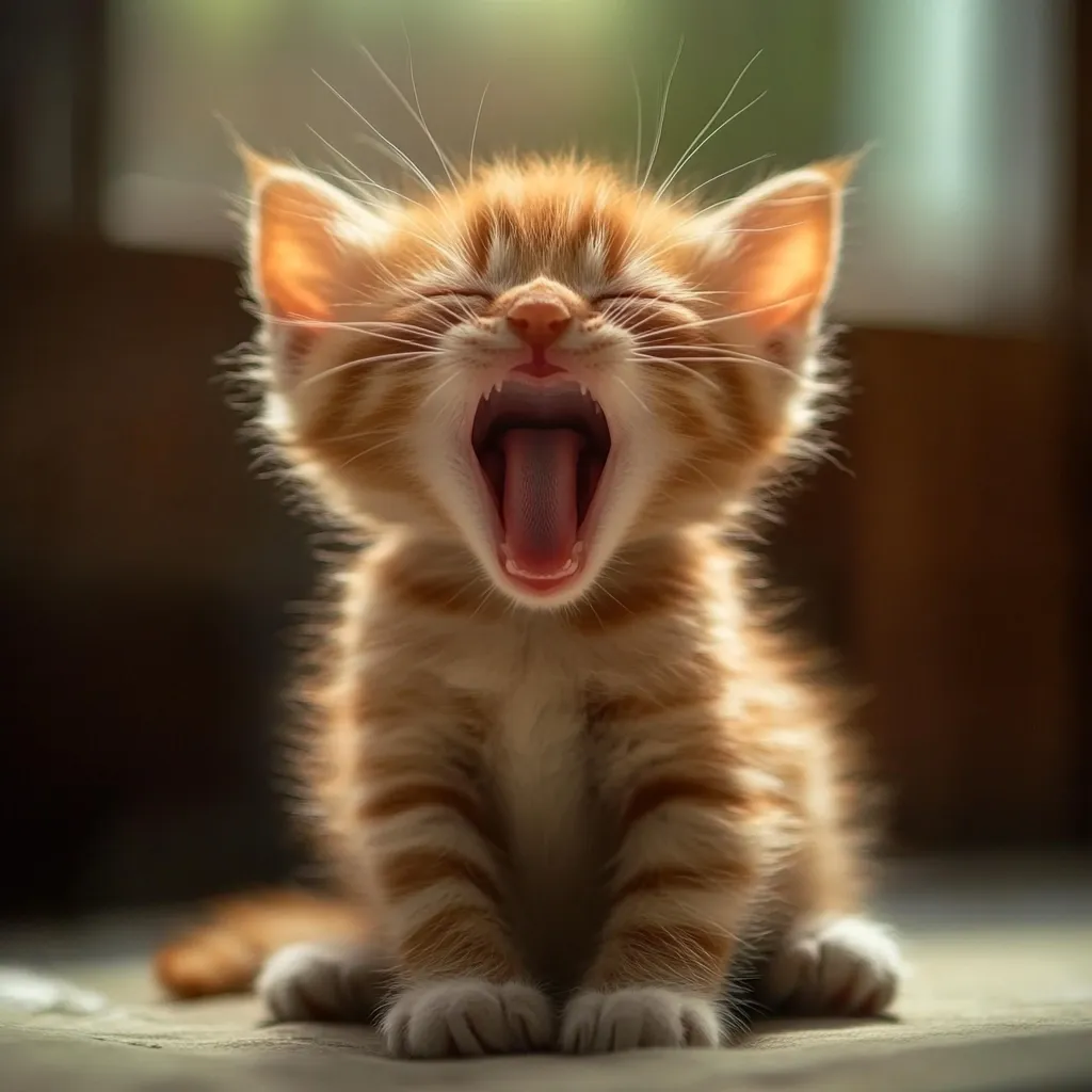 An adorable ginger kitten sits with its mouth wide open in a large yawn.  The kitten's fur is a light orange, and its paws are white.  The background is blurred, focusing attention on the cute, sleepy feline. Sunlight illuminates the kitten, highlighting its soft fur.  The overall image is heartwarming and evokes feelings of calmness and contentment.