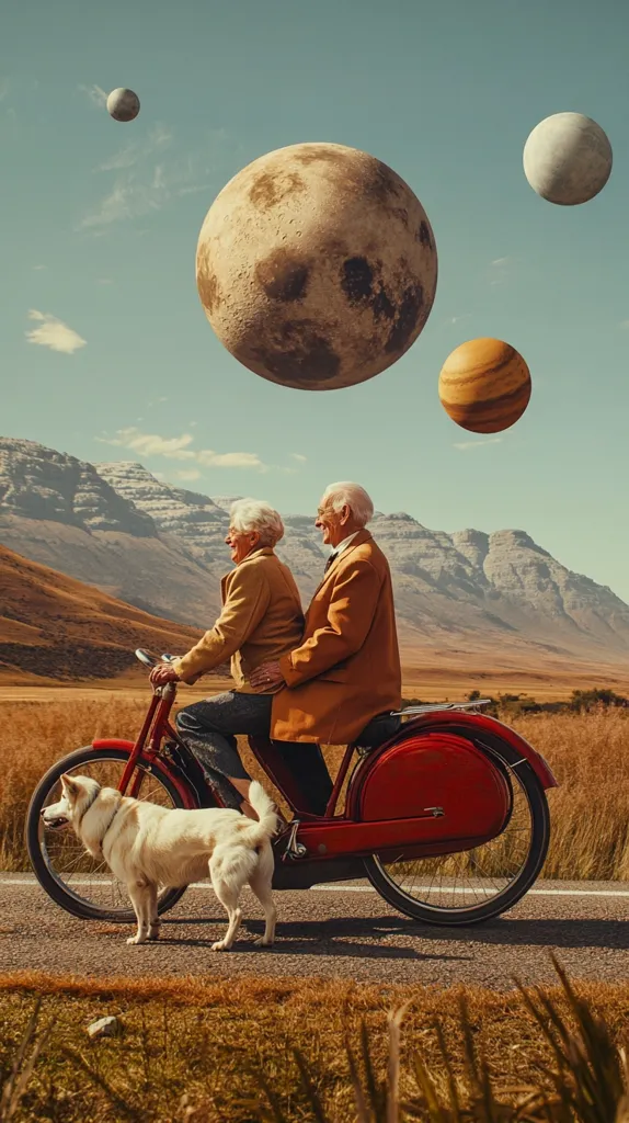An elderly couple rides a red bicycle down a country road, accompanied by a white dog.  The surreal landscape features oversized planets in the sky above a mountainous background.  The scene evokes a sense of peace and adventure, combining realistic elements with fantastical imagery.  The warm tones and soft light create a nostalgic and whimsical atmosphere.