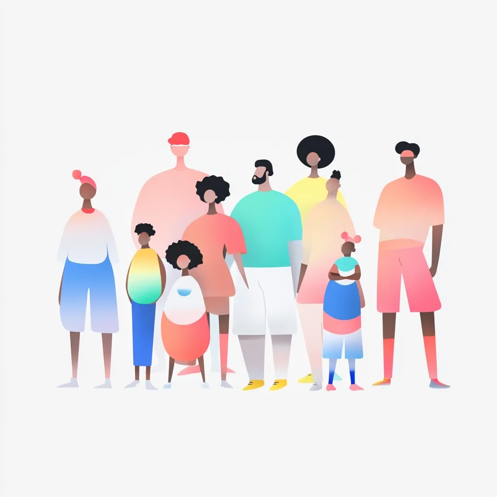 A diverse group of people, possibly a multigenerational family, stand together.  Adults and children are depicted in pastel colors, varying in skin tones and hairstyles.  They are arranged casually, suggesting a relaxed and unified atmosphere. The style is minimalist and modern, emphasizing the individuals within the collective.