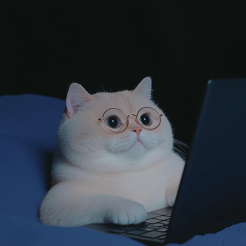 A fluffy, cream-colored cat, wearing round eyeglasses, sits attentively at a laptop.  The cat's paws rest gently on the keyboard, its gaze fixed on the screen. The scene is dimly lit, with the cat nestled on a dark blue surface. The overall impression is one of studious concentration and quiet contemplation.