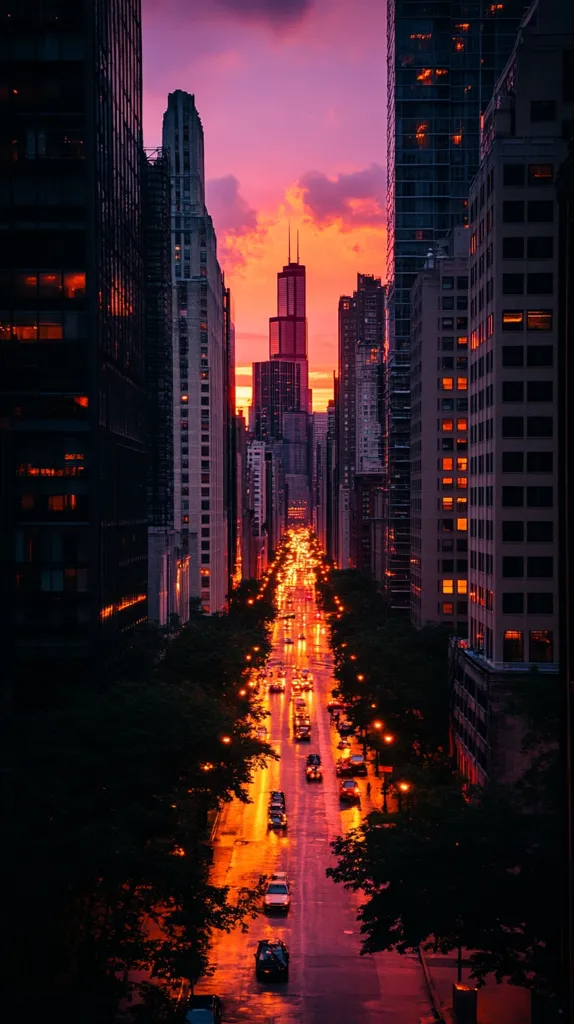 A vibrant sunset casts an orange and purple glow over a city street lined with tall buildings.  Cars travel along the wet road, their headlights reflecting the light.  Trees with glowing streetlights flank the street, adding to the warm, atmospheric ambiance.  A prominent skyscraper is visible in the distance, enhancing the urban cityscape. The scene captures a beautiful moment of city life at twilight.