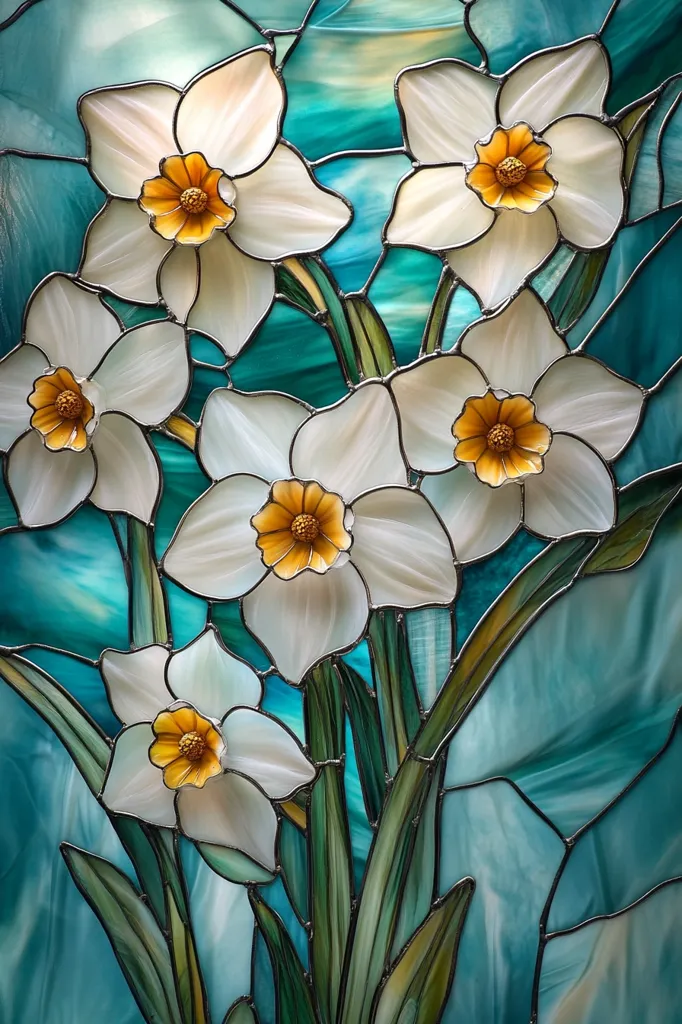 A stunning stained-glass artwork depicts a bouquet of daffodils against a vibrant teal background.  The white petals of the flowers are delicately rendered, showcasing the artistry of the glasswork.  The deep teal glass creates a beautiful contrast, enhancing the overall beauty and elegance of the piece.  The meticulous detail in both the flowers and the background highlight the skill of the artisan.