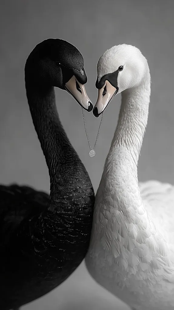 A black swan and a white swan stand facing each other, their necks forming a heart shape.  A delicate silver necklace with a small, sparkling pendant hangs between them, symbolizing a bond of love and unity. The monochrome palette emphasizes the elegance and contrast of the birds. The image is artistically composed, highlighting the graceful curves of their necks and the subtle texture of their feathers.