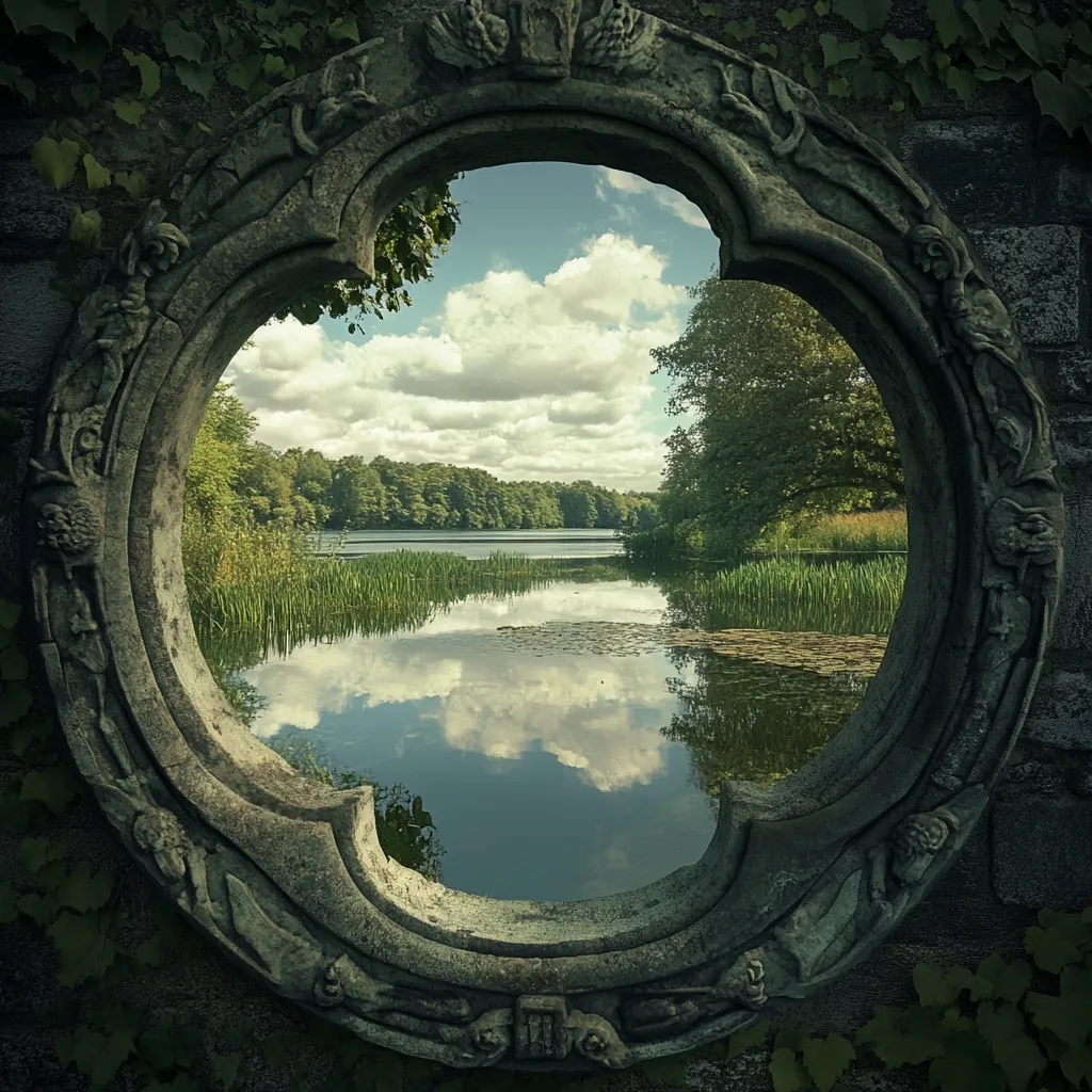 A stone frame, ornately carved with figures, is set into a mossy wall.  Through the circular opening, a tranquil lake scene is visible.  The water reflects a cloudy sky and lush green trees lining the banks, creating a serene and picturesque view.  The contrast between the aged stone and the peaceful landscape is striking.