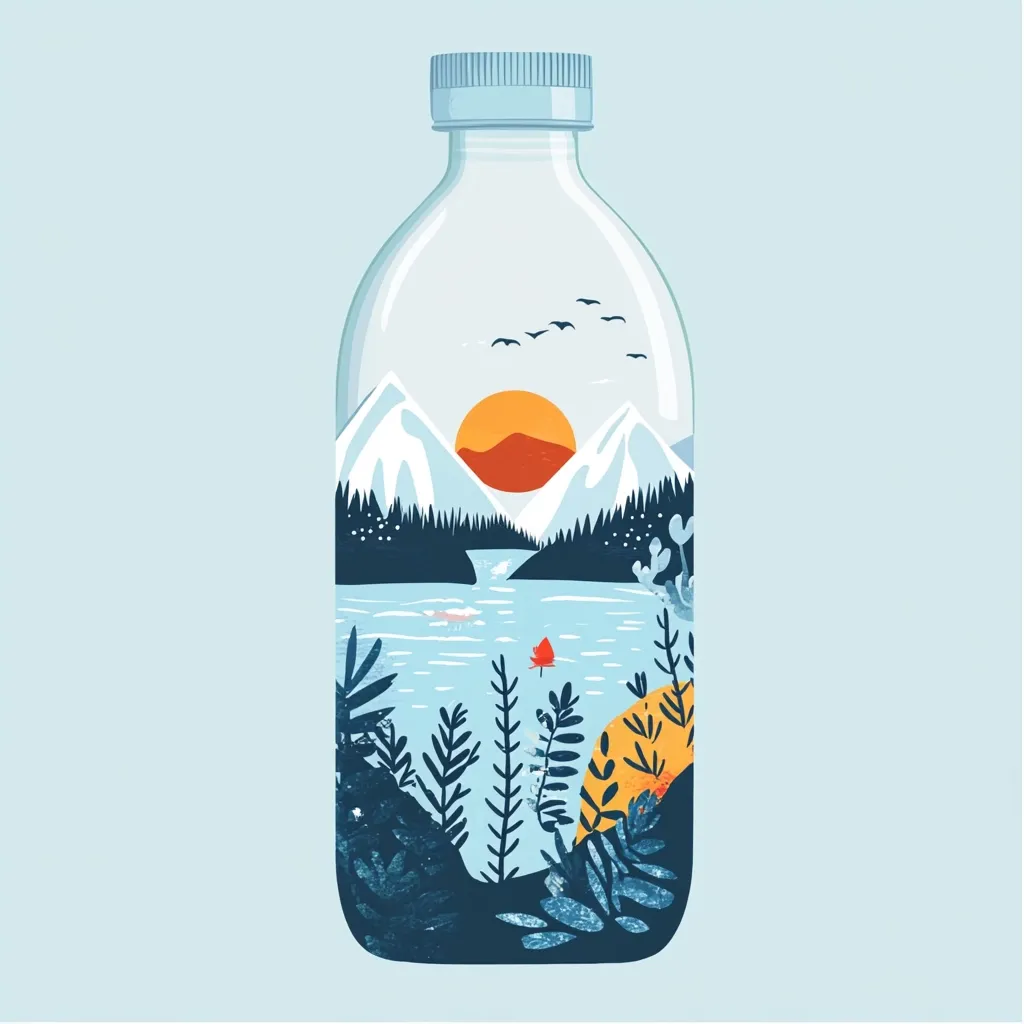 A plastic bottle is depicted containing a stylized landscape.  The scene inside shows snow-capped mountains, a calm lake, and various plants, all set against a vibrant orange sunset.  Birds fly overhead. The illustration uses a flat, graphic style with bold colors and simple shapes, creating a miniature, whimsical world within the bottle.  It evokes a sense of tranquility and the beauty of nature.