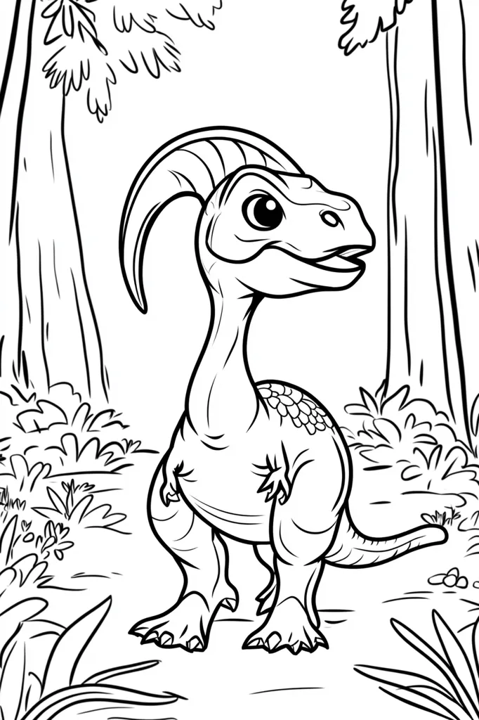 A cute cartoon dinosaur stands in a forest clearing.  The dinosaur has a distinctive horn or crest on its head and large, expressive eyes.  It is depicted in a simple, line-art style, suitable for coloring.  The background includes two large trees and lush vegetation, creating a peaceful prehistoric scene.  The dinosaur's pose suggests curiosity and playfulness.