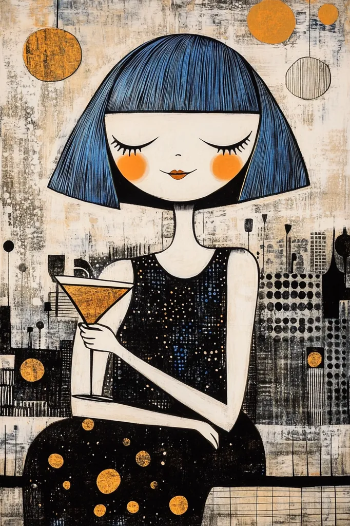 A stylized illustration of a young woman with short blue hair, eyes closed, and rosy cheeks. She's elegantly dressed in a dark, speckled dress and holds a martini glass. The background features a textured cityscape with abstract shapes and muted colors, creating a retro-modern aesthetic.  The overall style is reminiscent of mid-century graphic design, conveying a sense of calm sophistication.