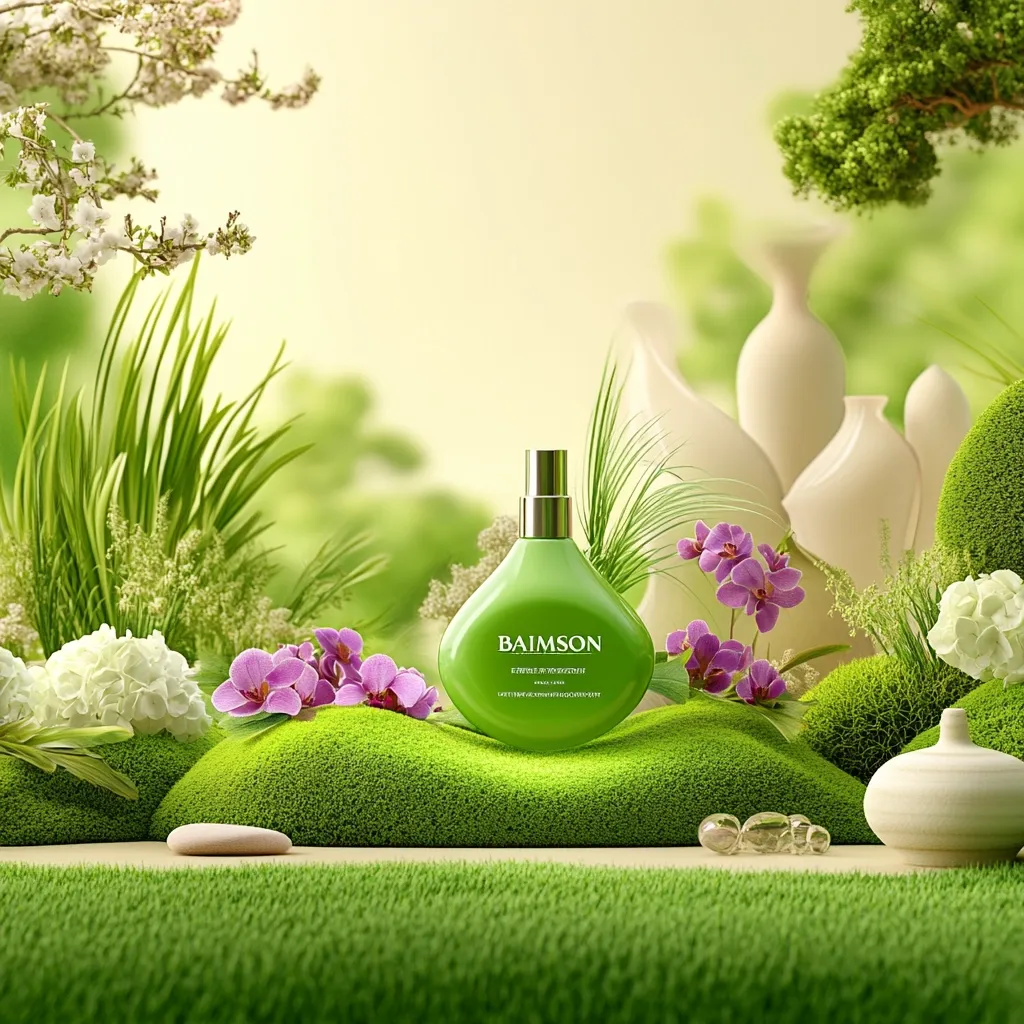 A green perfume bottle, labeled "BAIMSON," sits on a bed of moss.  Surrounding it are blooming orchids, hydrangeas, and lush greenery.  Several white ceramic vases are softly blurred in the background, creating a serene and natural ambiance.  The overall aesthetic is one of calm and luxurious simplicity.