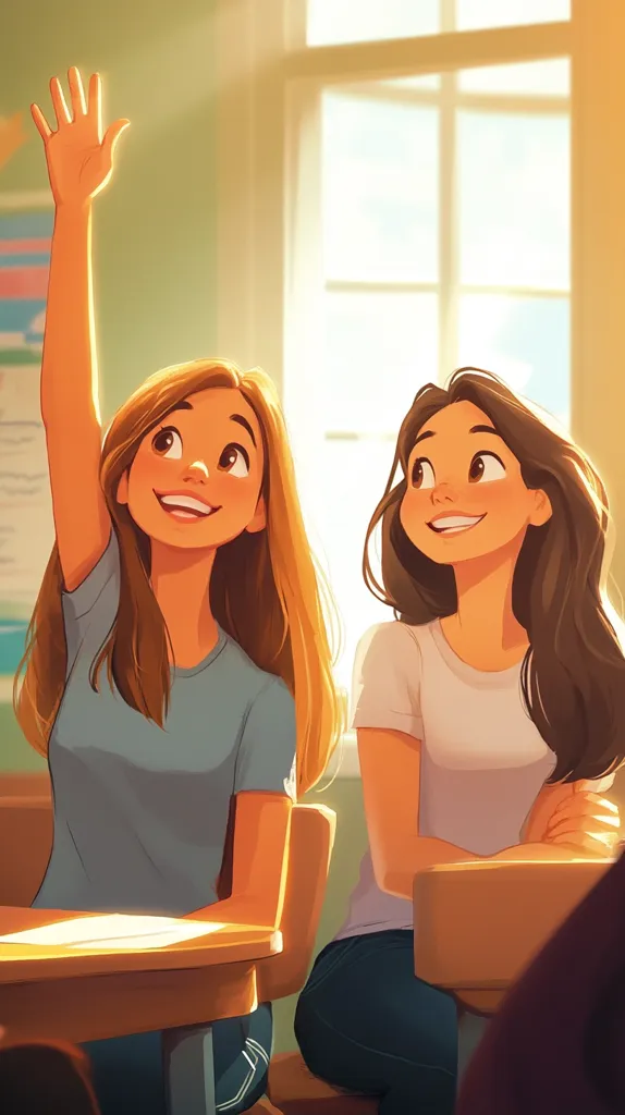 Two girls sit at desks in a sunlit classroom. One girl raises her hand, her blonde hair catching the light.  She wears a light blue shirt.  Her friend, with long brown hair, sits beside her in a white shirt and jeans, looking happy and attentive. The scene is warm and cheerful, depicting friendship and learning.