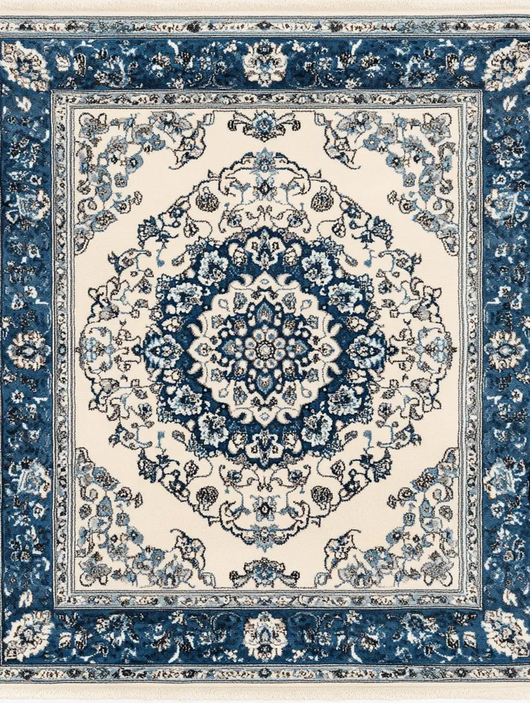 This rug features a cream-colored background with an intricate blue and cream floral medallion design.  Multiple layers of borders frame the central pattern, creating a classic, traditional aesthetic. The deep blue tones contrast beautifully with the lighter cream, enhancing the intricate detailing.  The overall style evokes a sense of elegance and sophistication.