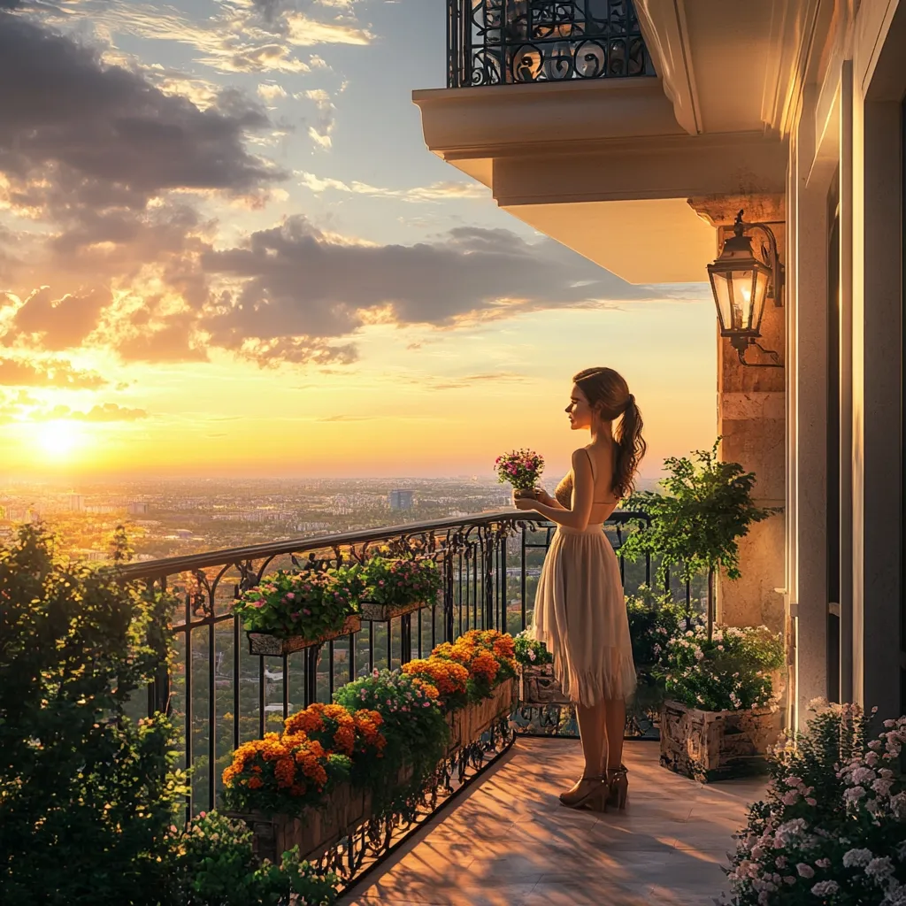 A woman in a beige dress stands on a balcony overlooking a sprawling cityscape at sunset.  She holds a small bouquet of flowers, gazing at the breathtaking view. The balcony is adorned with lush potted plants and features an ornate iron railing. The warm sunset light casts a golden glow on the scene, creating a romantic and serene atmosphere.  The building’s architecture suggests a luxurious high-rise apartment.