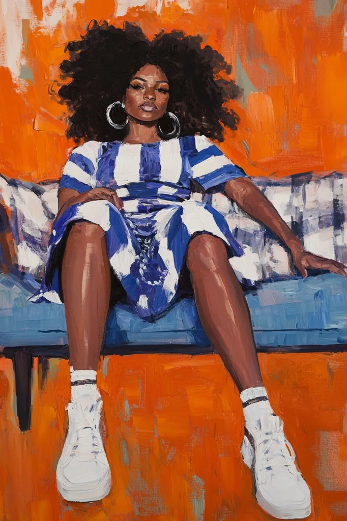 A vibrant oil painting depicts a Black woman with a large afro, seated on a blue couch against a bold orange backdrop.  She wears a blue and white striped dress and white high-top sneakers. Her confident pose and large hoop earrings add to the artwork's striking visual impact. The artist employs a loose, expressive brushstroke style, creating a dynamic and energetic feel.