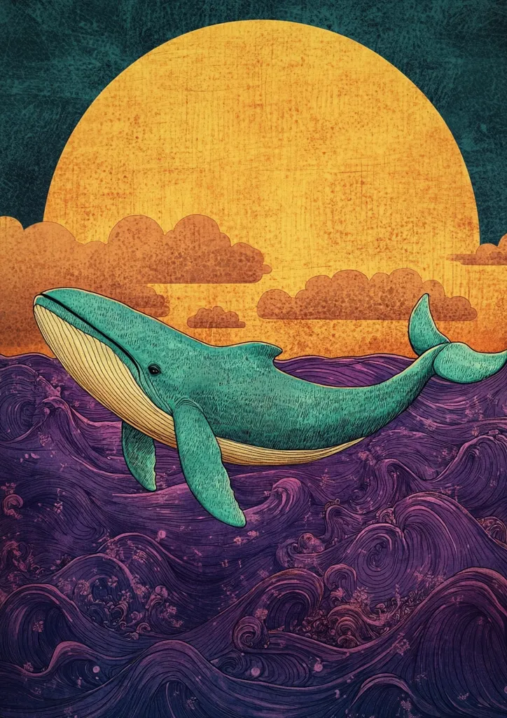 A stylized illustration depicts a teal humpback whale gracefully gliding through deep purple waves, set against a backdrop of a large, textured yellow sun and muted orange clouds. The detailed artwork uses a textured, almost hand-drawn style, creating a mystical and serene ocean scene. The contrast between the whale's calm movement and the dynamic waves adds visual interest.