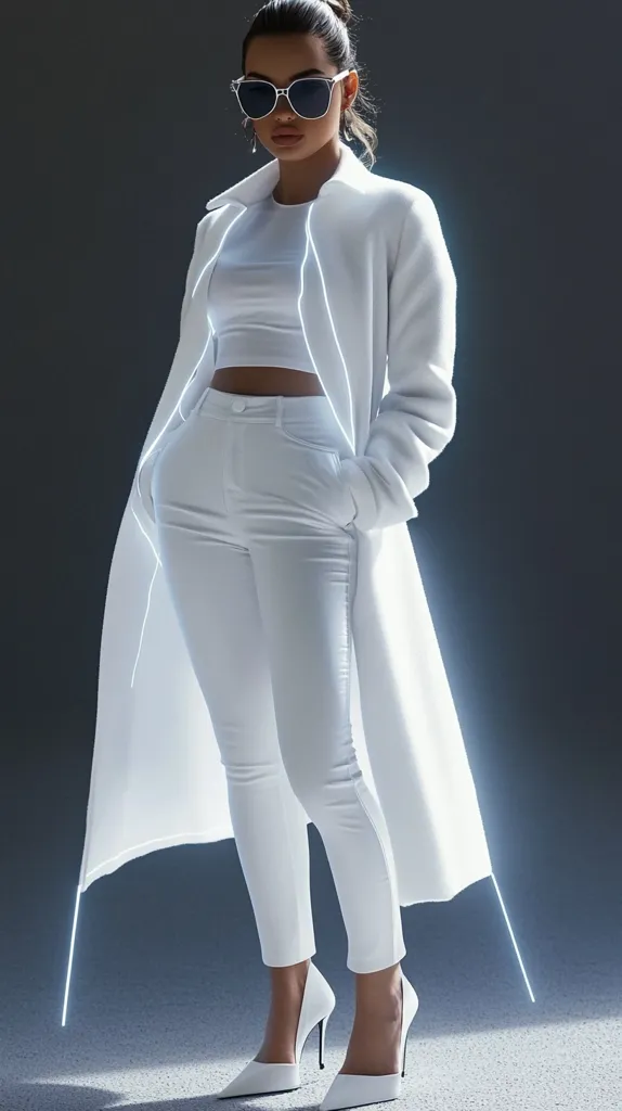 A woman in an all-white outfit poses against a dark gray background.  She wears a long, white coat with glowing lines, white pants, a white crop top, and white high heels.  Her dark hair is styled up, and she wears sunglasses.  The overall image is sleek and modern, with a futuristic feel.
