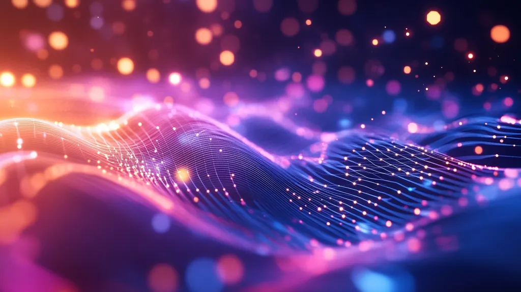 An abstract digital rendering depicts a vibrant, undulating landscape of interconnected glowing points.  The network of lines creates flowing waves in shades of pink, purple, and blue, accented by sparkling, out-of-focus lights. The image evokes a sense of motion, energy, and connectivity.  The colors are rich and saturated, creating a visually stunning effect.
